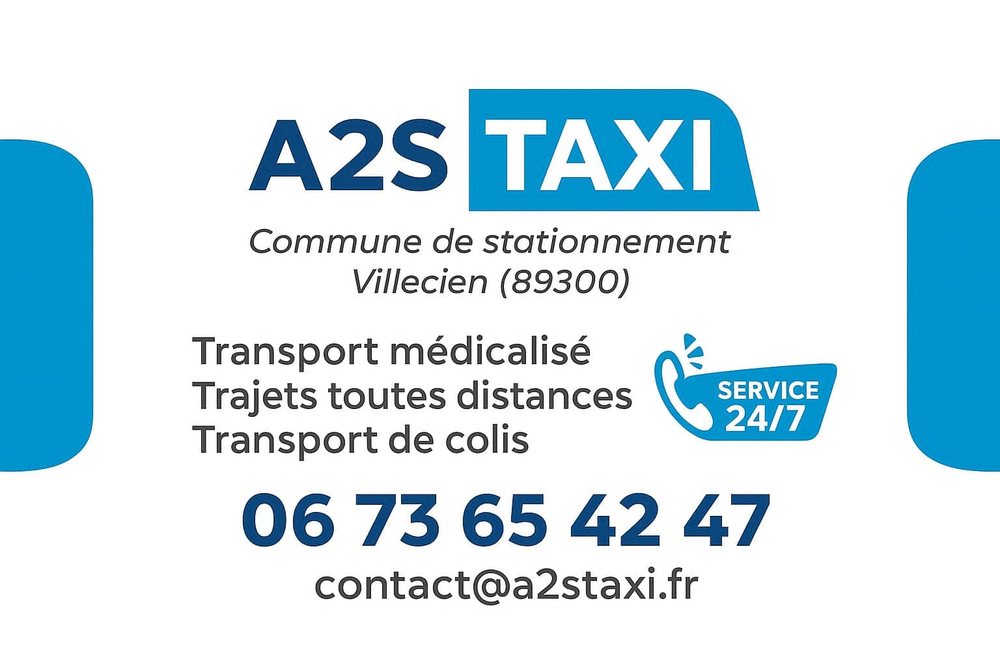 Carte de visite A2S Taxi : transport médicalisé, trajets toutes distances, transport de colis, service 24/7, 06 73 65 42 47, contact@a2staxi.fr